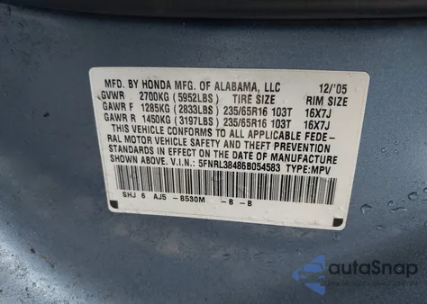 2006 Honda Odyssey Ex from USA, damaged, VIN 5FNRL38486B054583